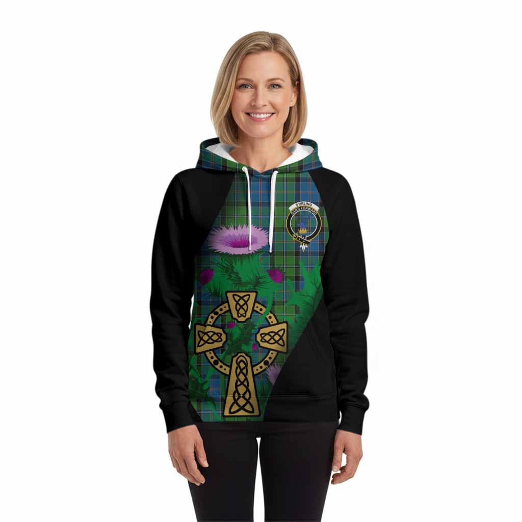 Stirling Tartan Crest Hoodie Celtic Cross Thistle Flowers