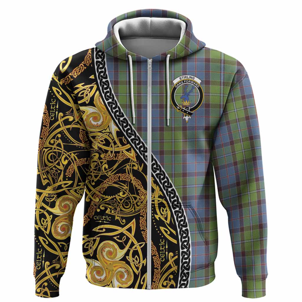 Stirling Tartan Crest Hoodie Celtic Knot and Triple Trickle Spiral Symbols