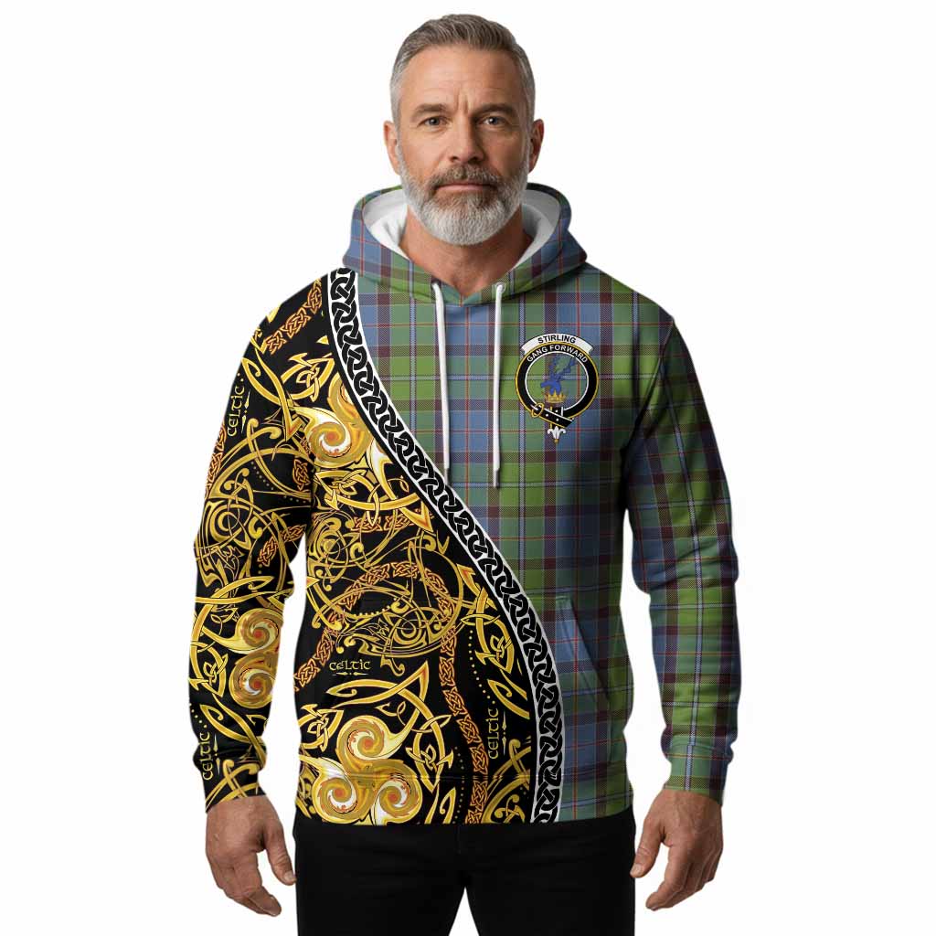 Stirling Tartan Crest Hoodie Celtic Knot and Triple Trickle Spiral Symbols