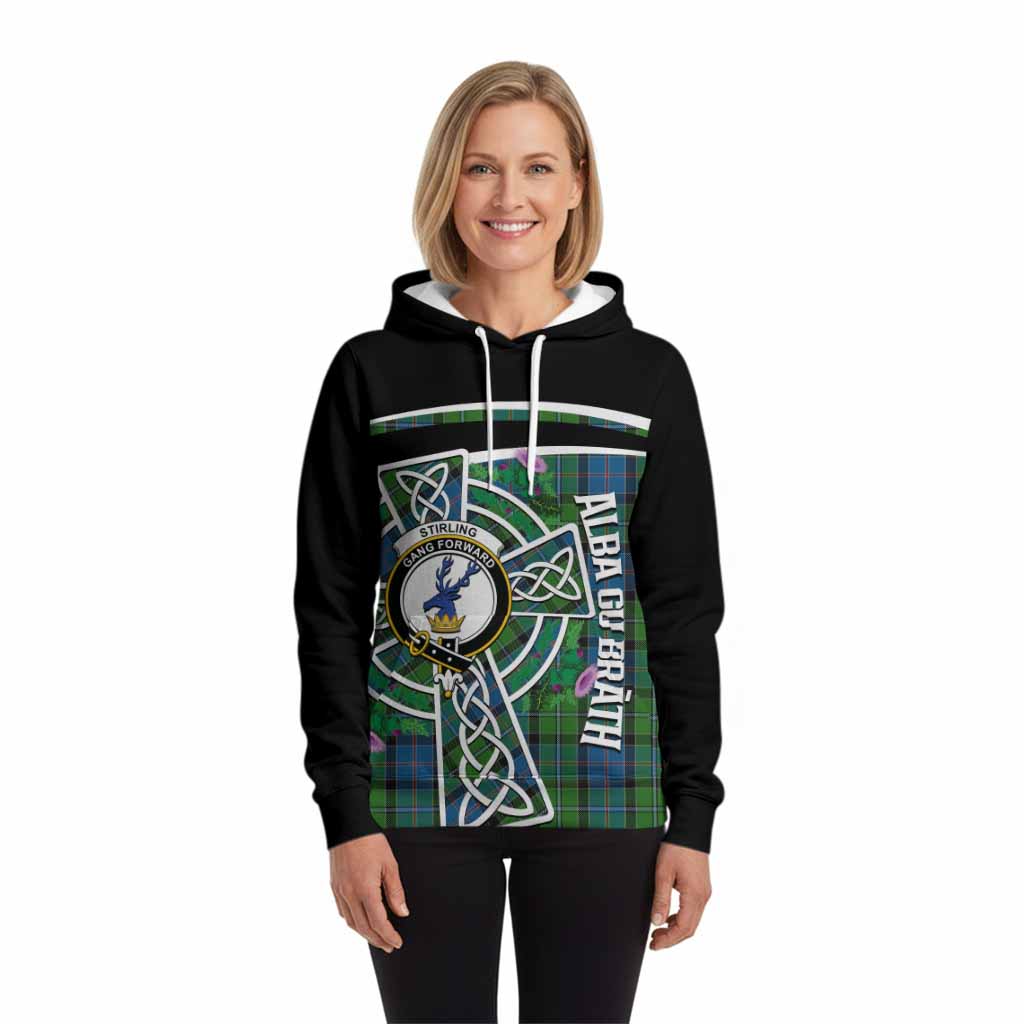 Stirling Tartan Crest Hoodie Scottish Thistle Celtic Cross Alba Gu Brath
