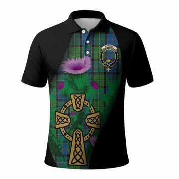 Stirling Tartan Crest Polo Shirt Celtic Cross Thistle Flowers