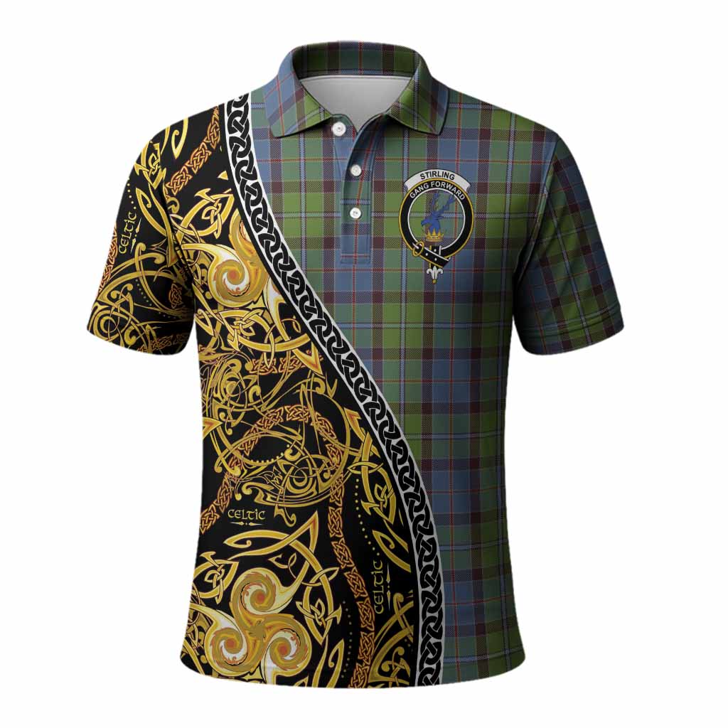 Stirling Tartan Crest Polo Shirt Celtic Knot and Triple Trickle Spiral Symbols