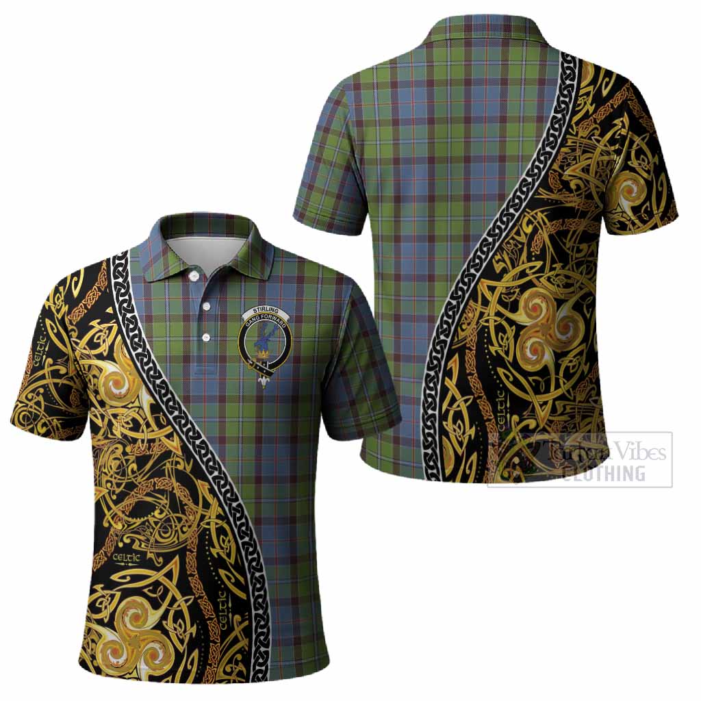 Stirling Tartan Crest Polo Shirt Celtic Knot and Triple Trickle Spiral Symbols
