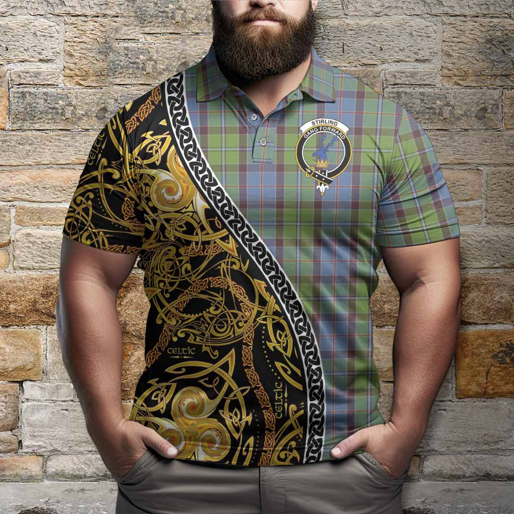 Stirling Tartan Crest Polo Shirt Celtic Knot and Triple Trickle Spiral Symbols