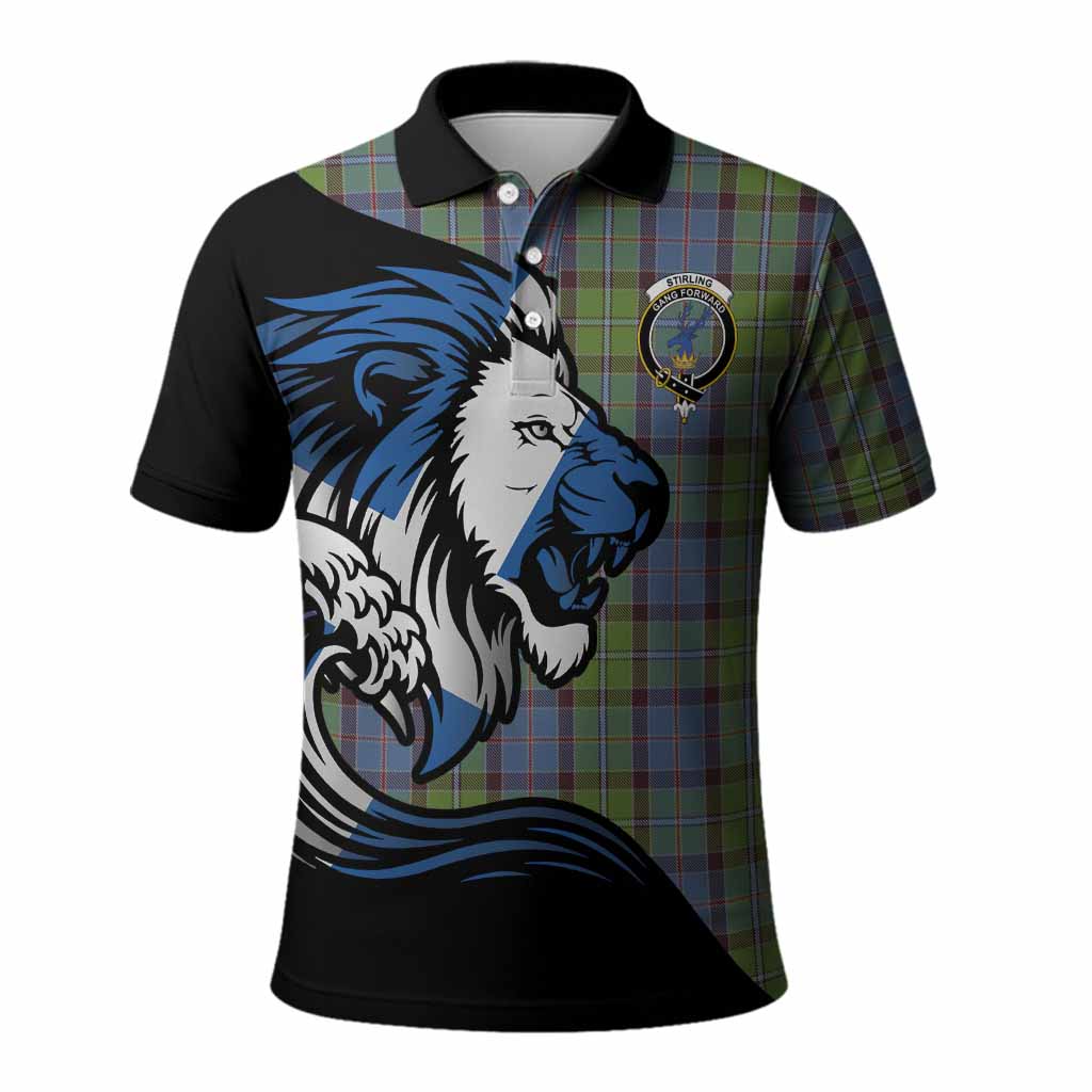 Stirling Tartan Crest Polo Shirt Scottish Golden Lions Wave Flow