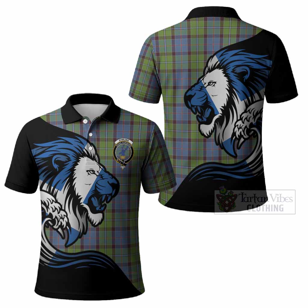 Stirling Tartan Crest Polo Shirt Scottish Golden Lions Wave Flow