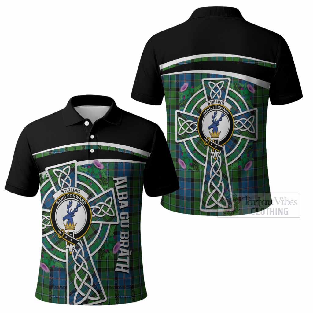 Stirling Tartan Crest Polo Shirt Scottish Thistle Celtic Cross Alba Gu Brath