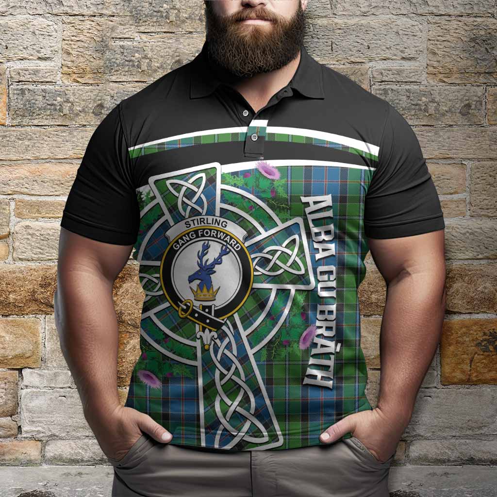 Stirling Tartan Crest Polo Shirt Scottish Thistle Celtic Cross Alba Gu Brath