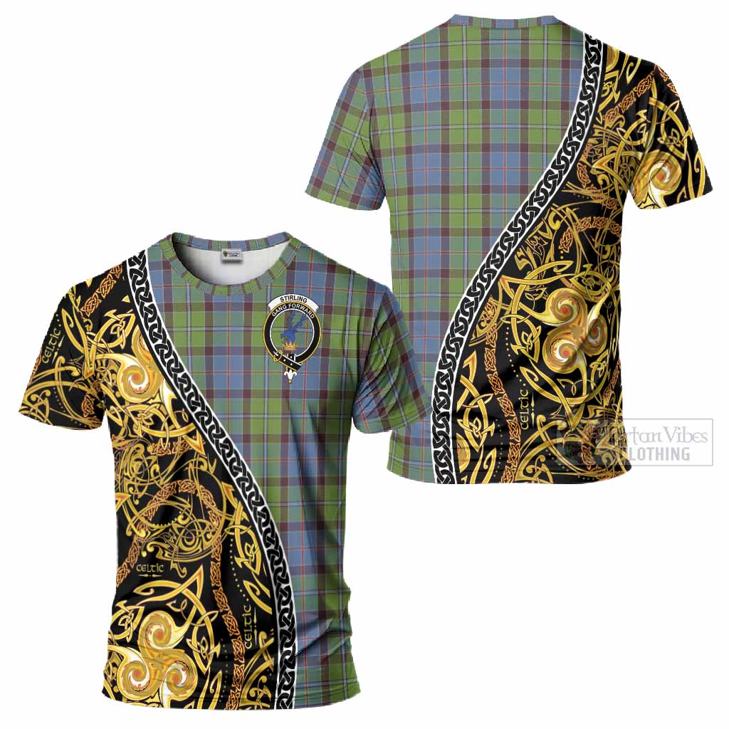 Stirling Tartan Crest T-Shirt Celtic Knot and Triple Trickle Spiral Symbols