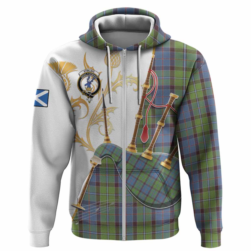 Stirling Tartan Family Crest Hoodie Bagpipes with Scottish Thistle