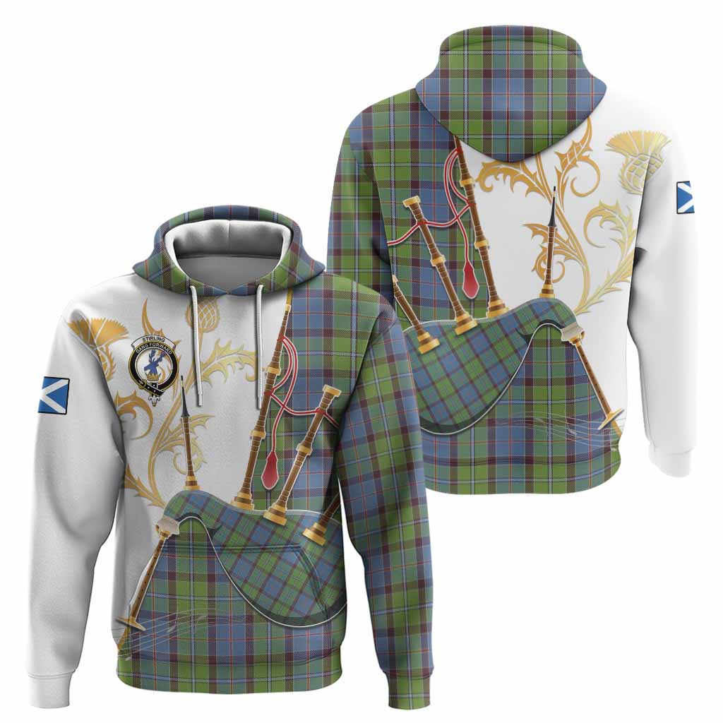 Stirling Tartan Family Crest Hoodie Bagpipes with Scottish Thistle