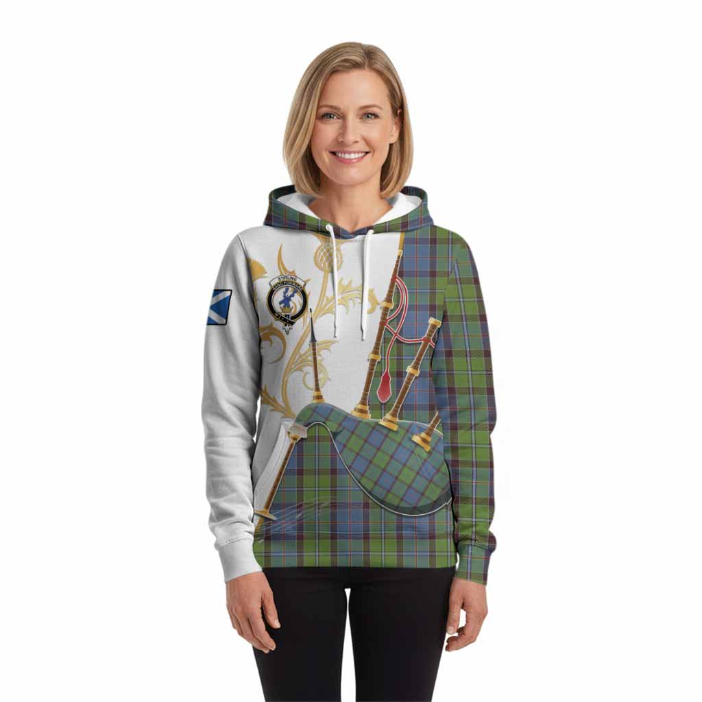 Stirling Tartan Family Crest Hoodie Bagpipes with Scottish Thistle