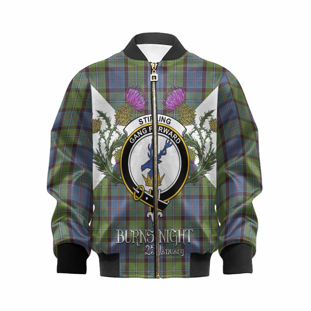 Stirling Tartan Family Crest Kid Bomber Jacket Scottish Burns Night Thistle Floral