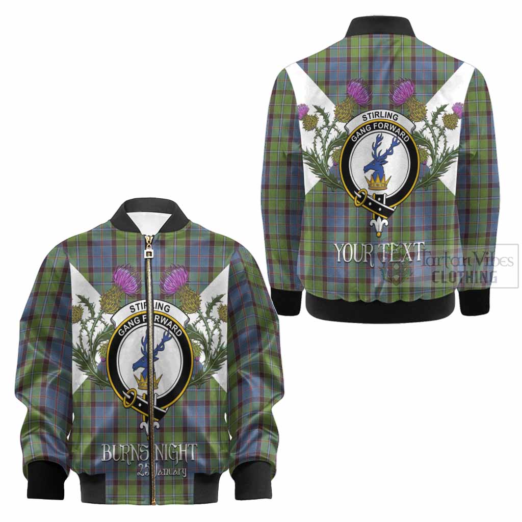 Stirling Tartan Family Crest Kid Bomber Jacket Scottish Burns Night Thistle Floral