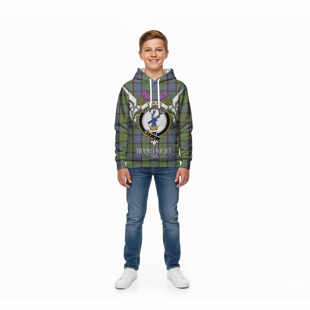 Stirling Tartan Family Crest Kid Hoodie Scottish Burns Night Thistle Floral