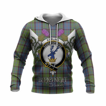 Stirling Tartan Family Crest Knitted Hoodie Scottish Burns Night Thistle Floral