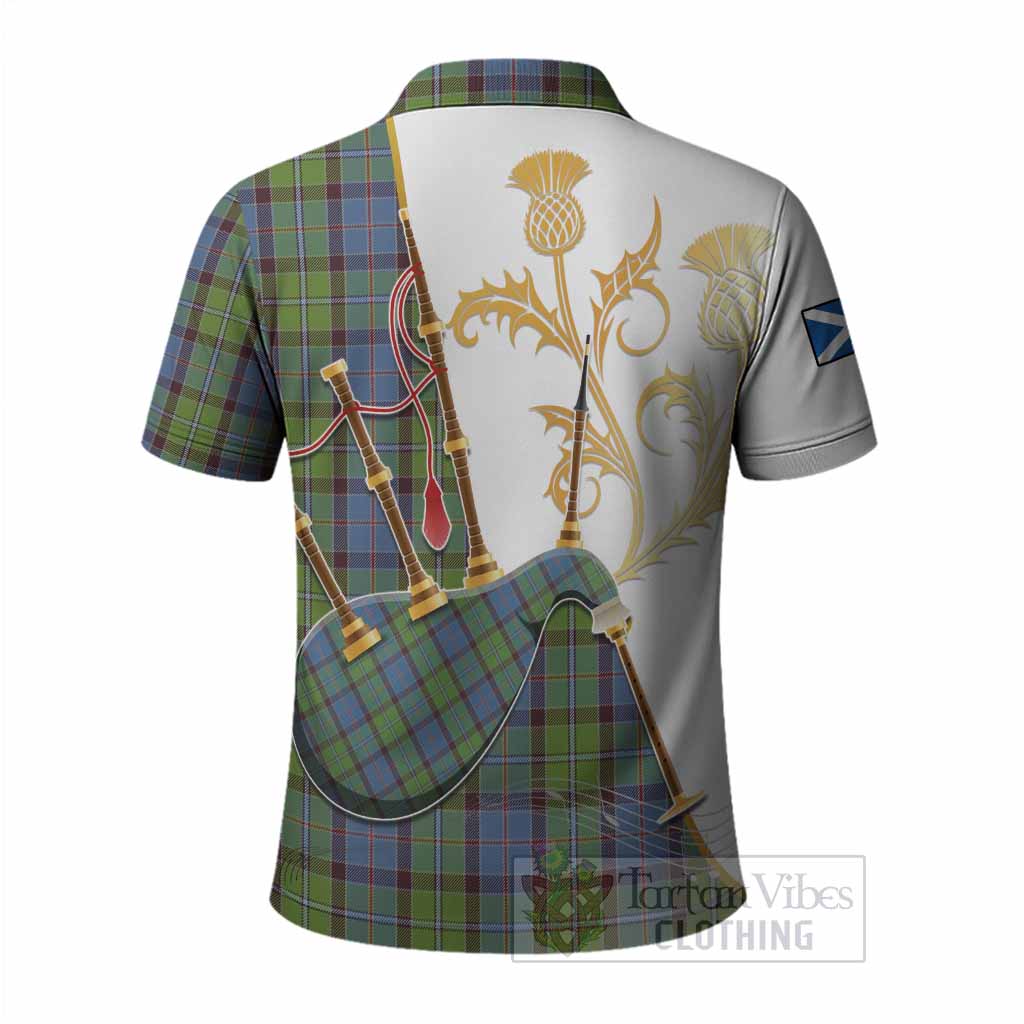 Stirling Tartan Family Crest Polo Shirt Bagpipes with Scottish Thistle