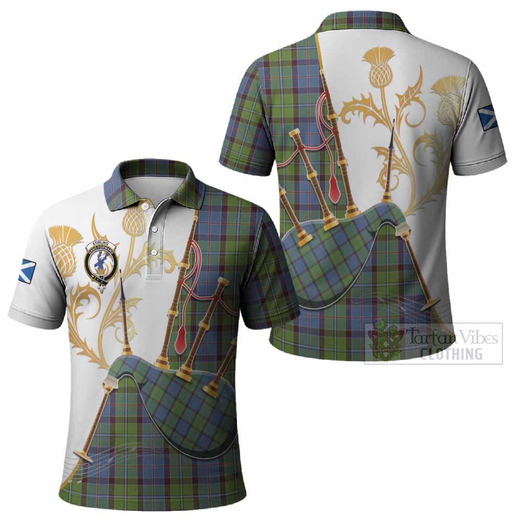 Stirling Tartan Family Crest Polo Shirt Bagpipes with Scottish Thistle