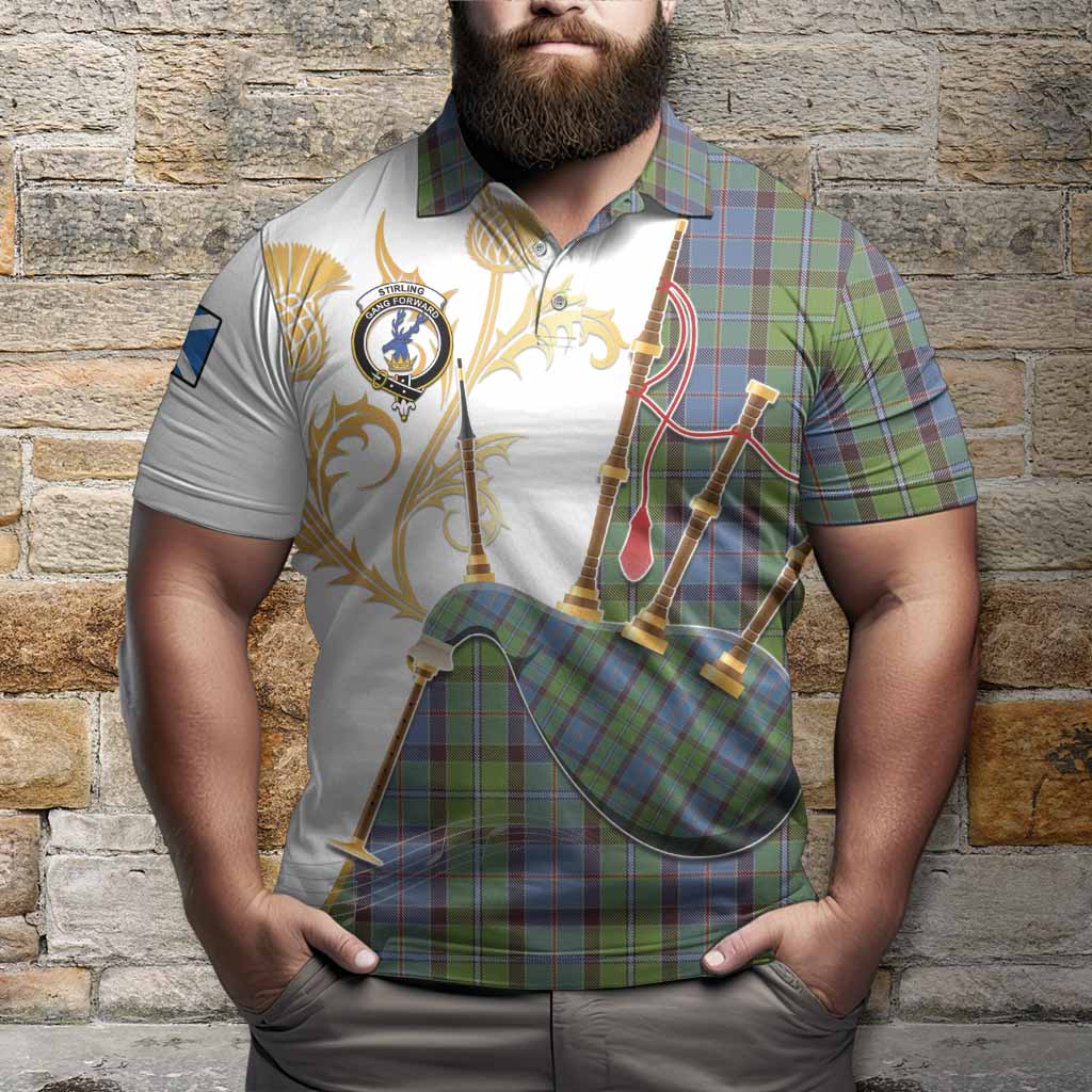 Stirling Tartan Family Crest Polo Shirt Bagpipes with Scottish Thistle
