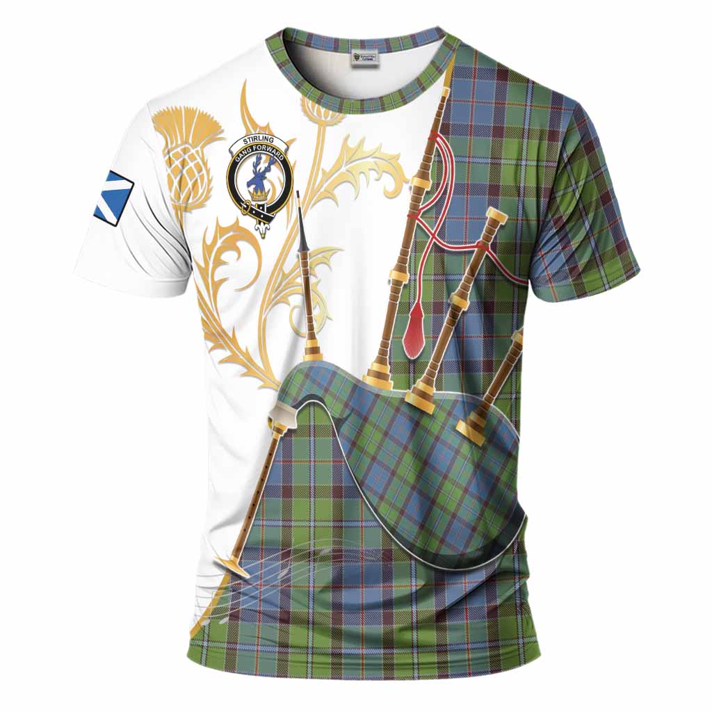 Stirling Tartan Family Crest T-Shirt Bagpipes with Scottish Thistle