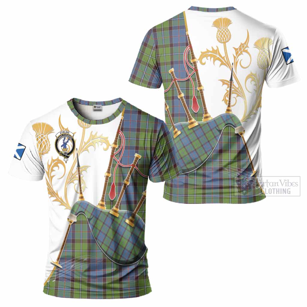 Stirling Tartan Family Crest T-Shirt Bagpipes with Scottish Thistle