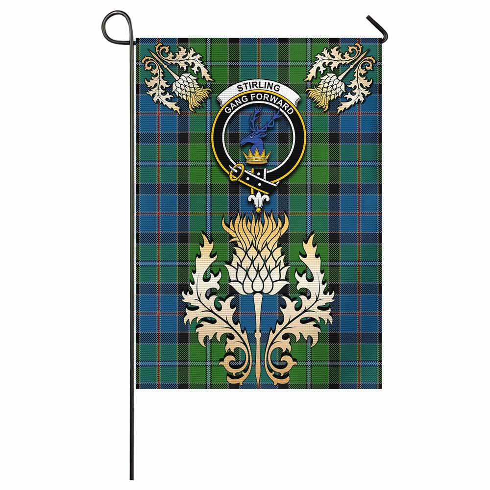 Stirling Tartan Garden Flag with Golden Regal Scottish Thistle Emblem - Tartan Vibes Clothing