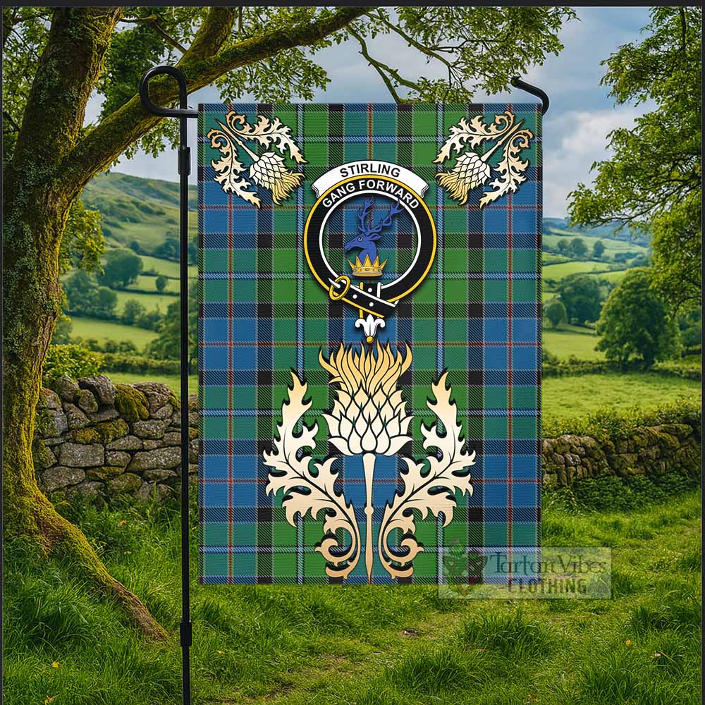 Stirling Tartan Garden Flag with Golden Regal Scottish Thistle Emblem - Tartan Vibes Clothing