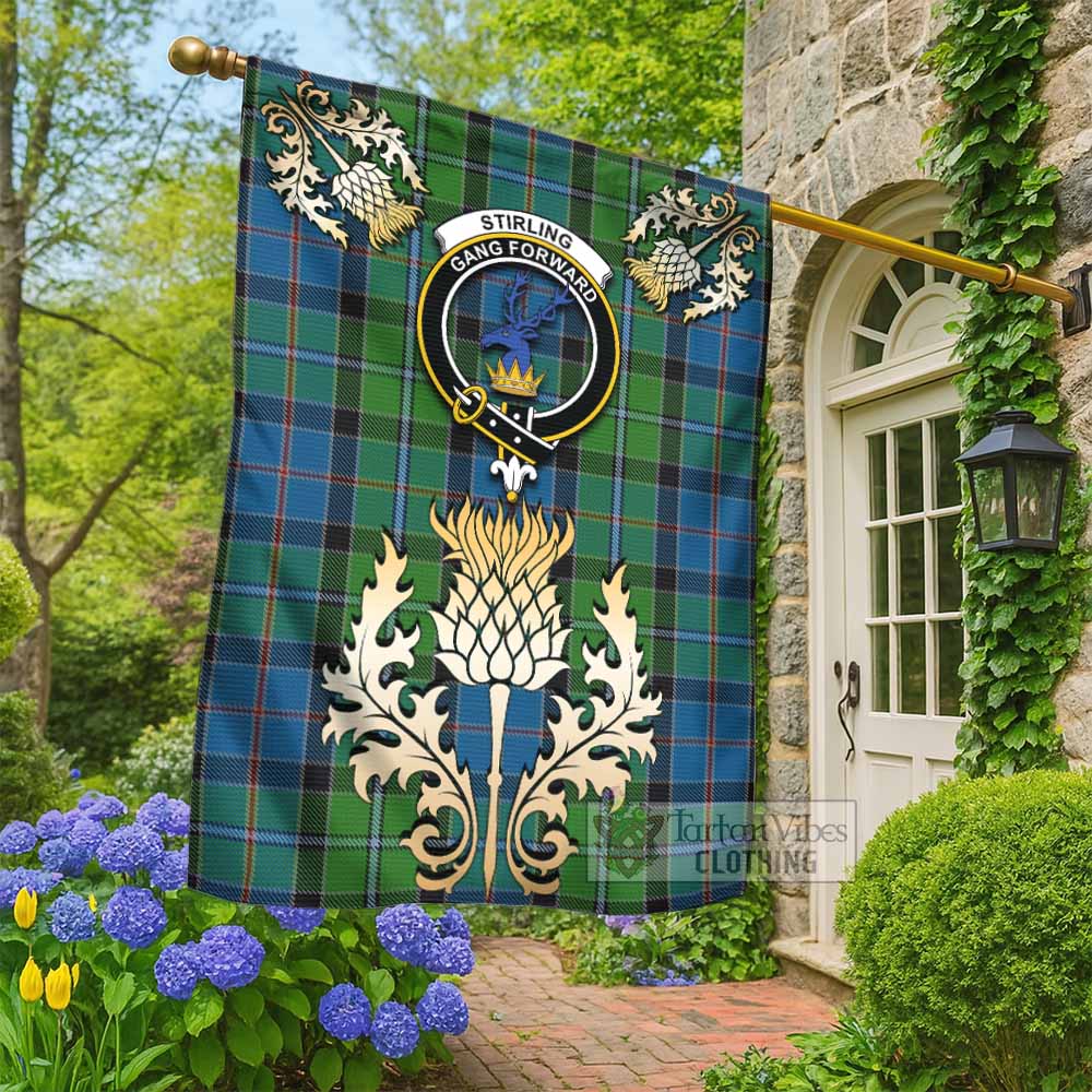 Stirling Tartan Garden Flag with Golden Regal Scottish Thistle Emblem - Tartan Vibes Clothing