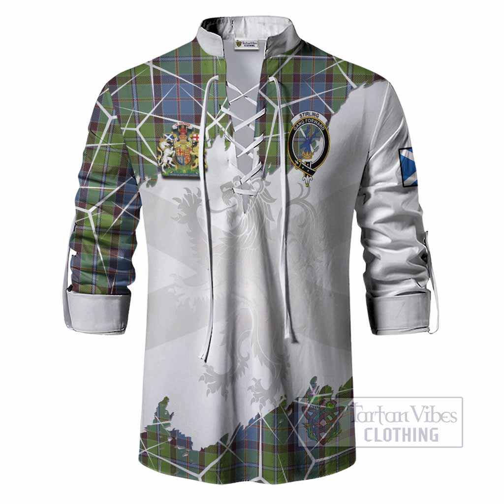 Stirling Tartan Ghillie Shirt with Family Crest and Lion Rampant Grunge Style