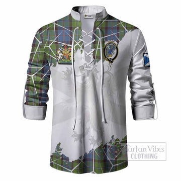 Stirling Tartan Ghillie Shirt with Family Crest and Lion Rampant Grunge Style