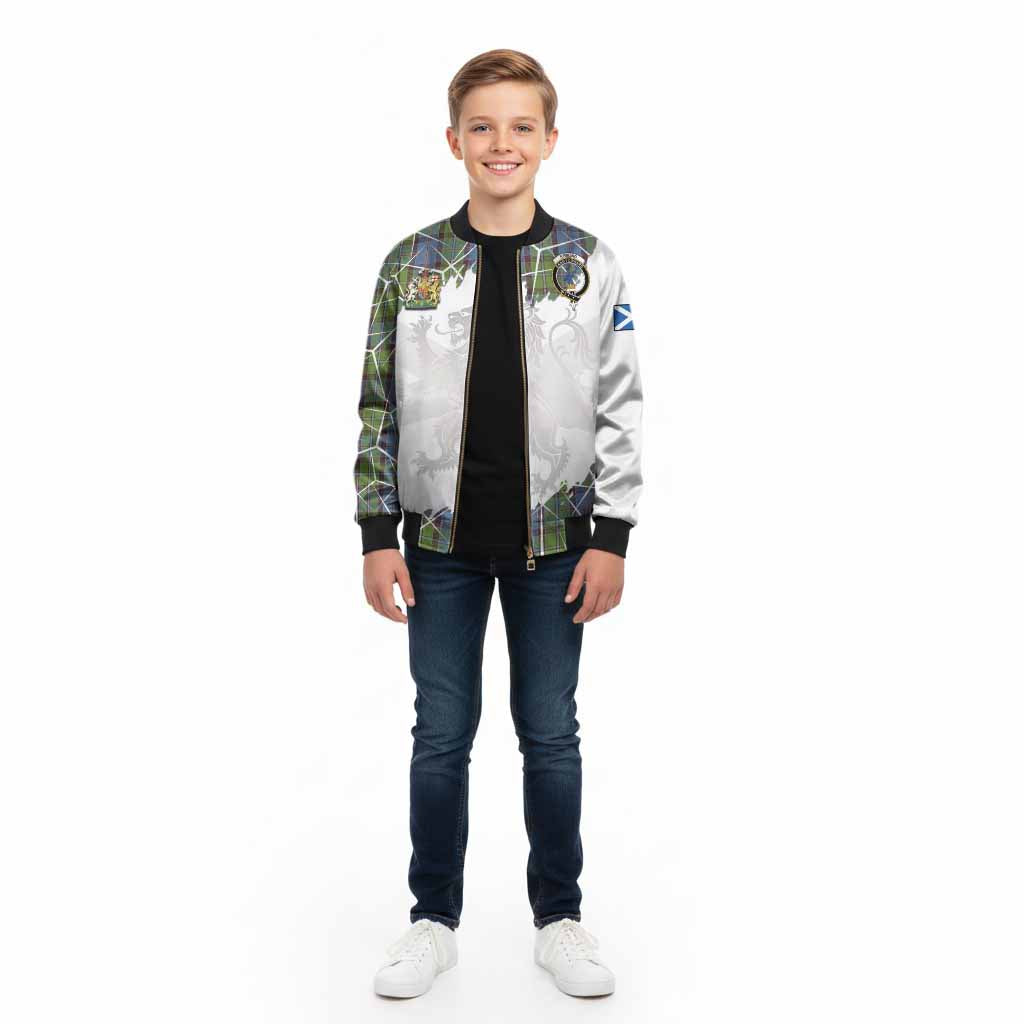 Stirling Tartan Kid Bomber Jacket with Family Crest and Lion Rampant Grunge Style