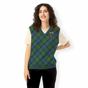 Stirling Tartan Knitted V-Neck Vest with Family Crest Cross Style
