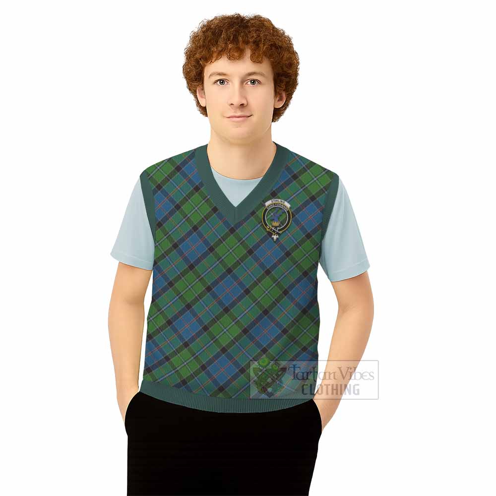 Stirling Tartan Knitted V-Neck Vest with Family Crest Cross Style