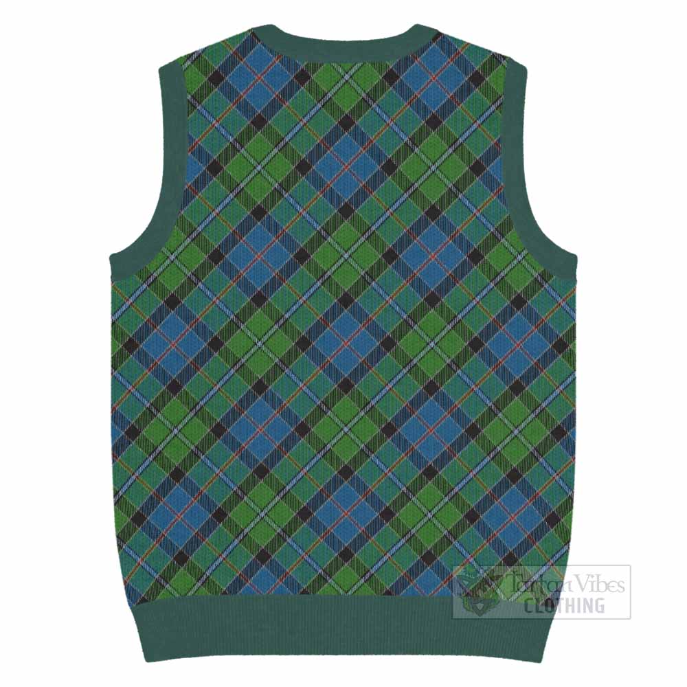 Stirling Tartan Knitted V-Neck Vest with Family Crest Cross Style