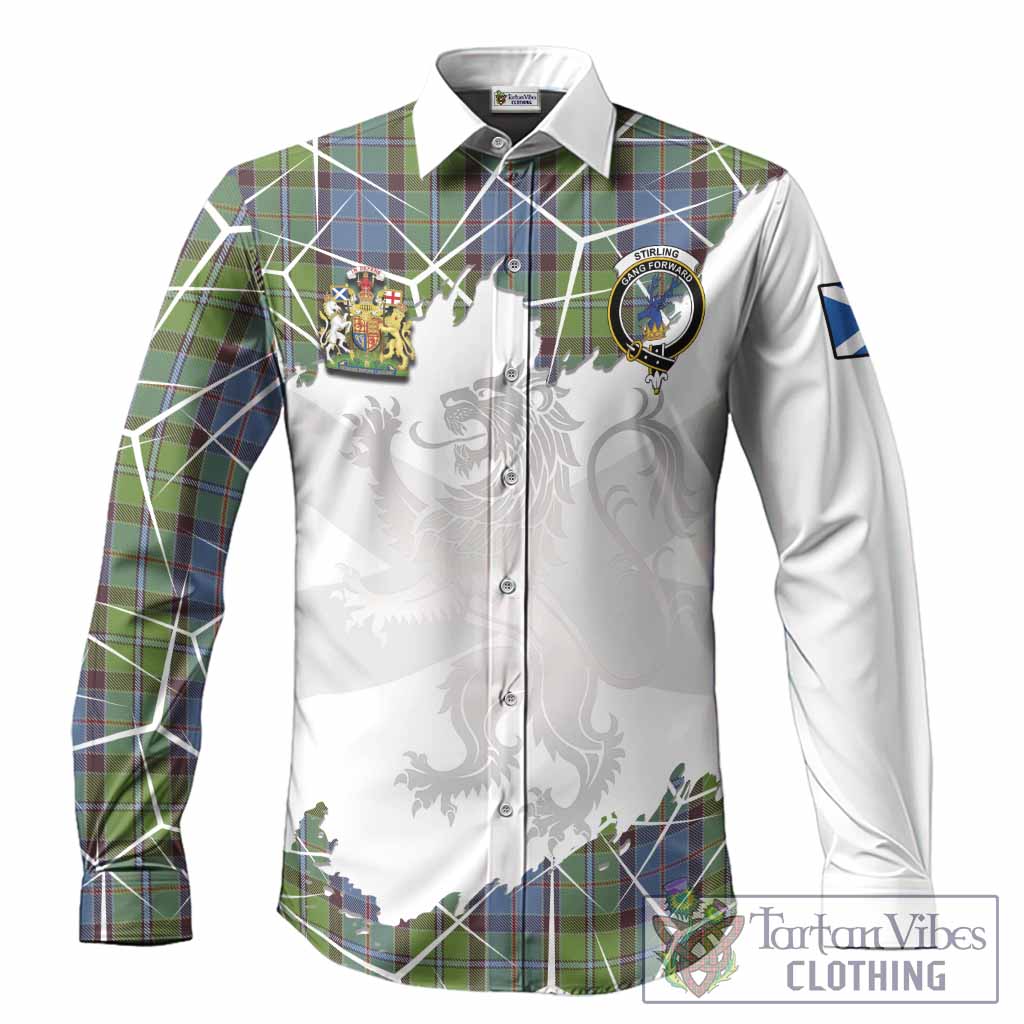 Stirling Tartan Long Sleeve Button Shirts with Family Crest and Lion Rampant Grunge Style