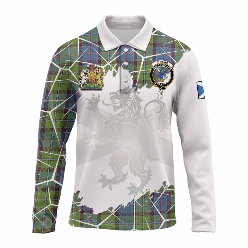 Stirling Tartan Long Sleeve Polo Shirt with Family Crest and Lion Rampant Grunge Style
