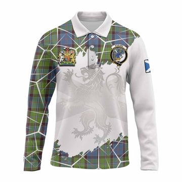 Stirling Tartan Long Sleeve Polo Shirt with Family Crest and Lion Rampant Grunge Style
