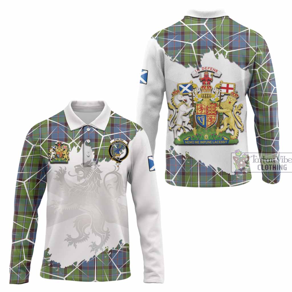 Stirling Tartan Long Sleeve Polo Shirt with Family Crest and Lion Rampant Grunge Style