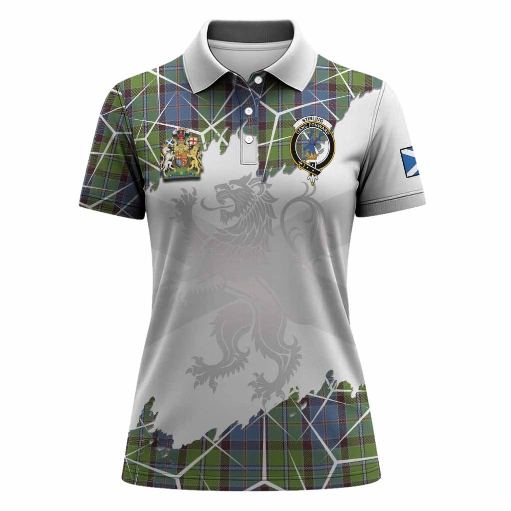 Stirling Tartan Women Polo Shirt with Family Crest and Lion Rampant Grunge Style