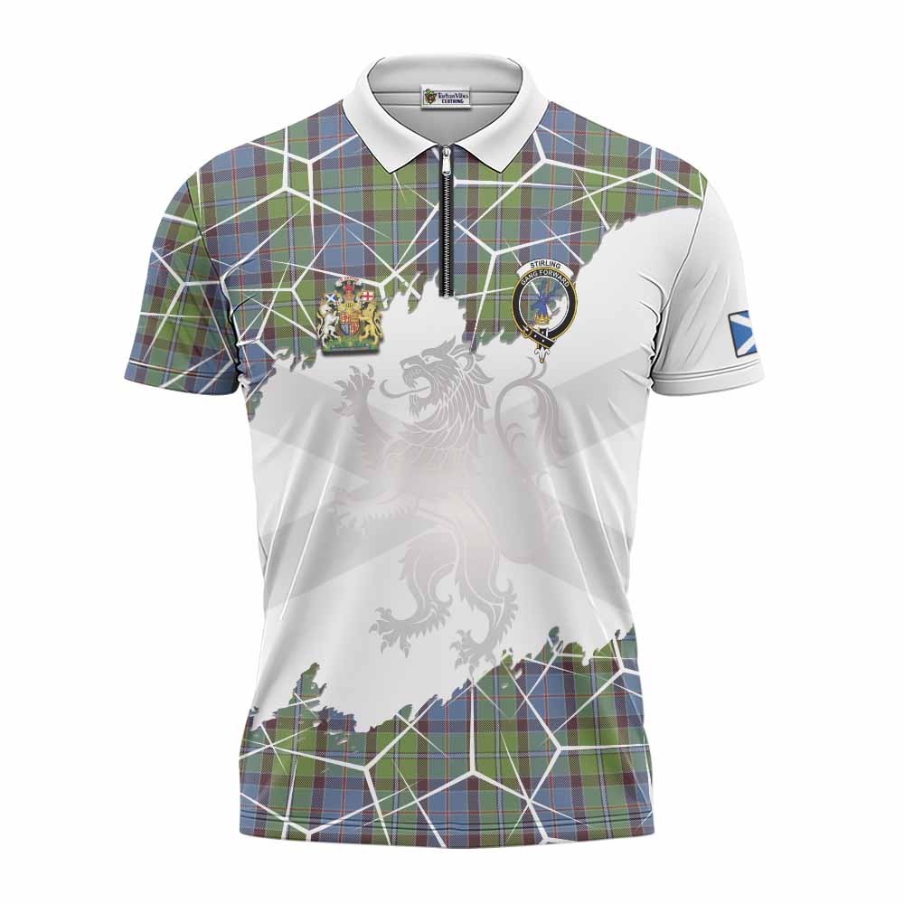Stirling Tartan Zipper Polo Shirt with Family Crest and Lion Rampant Grunge Style