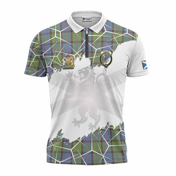 Stirling Tartan Zipper Polo Shirt with Family Crest and Lion Rampant Grunge Style
