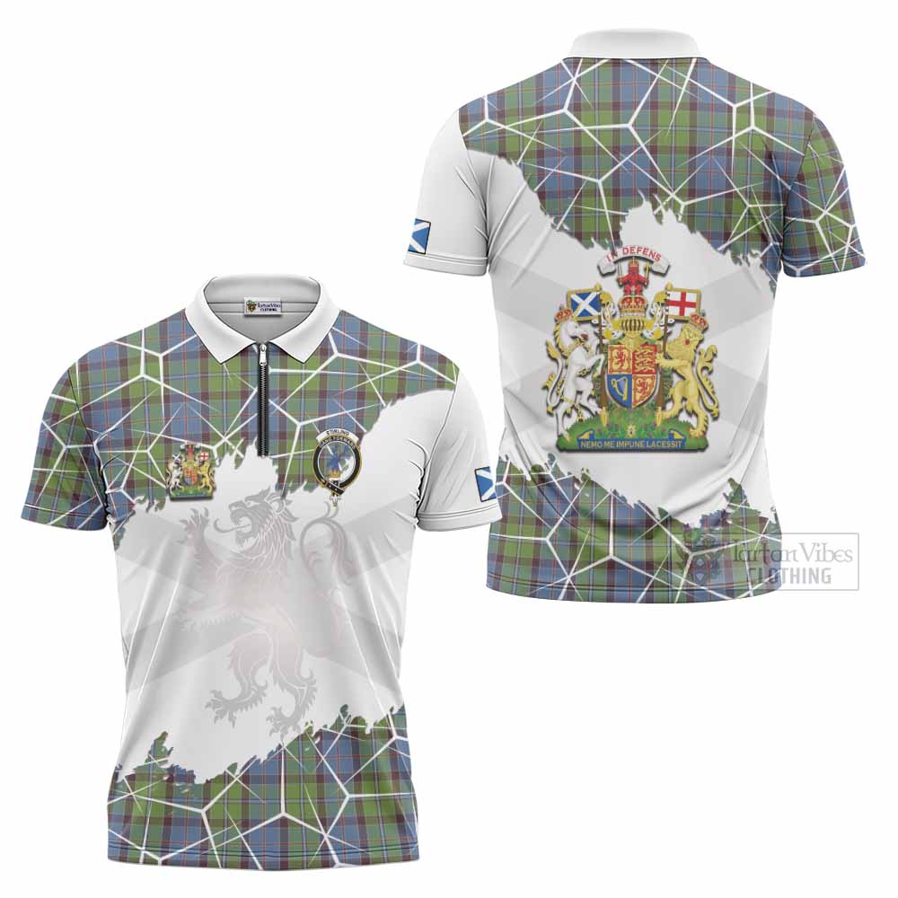 Stirling Tartan Zipper Polo Shirt with Family Crest and Lion Rampant Grunge Style