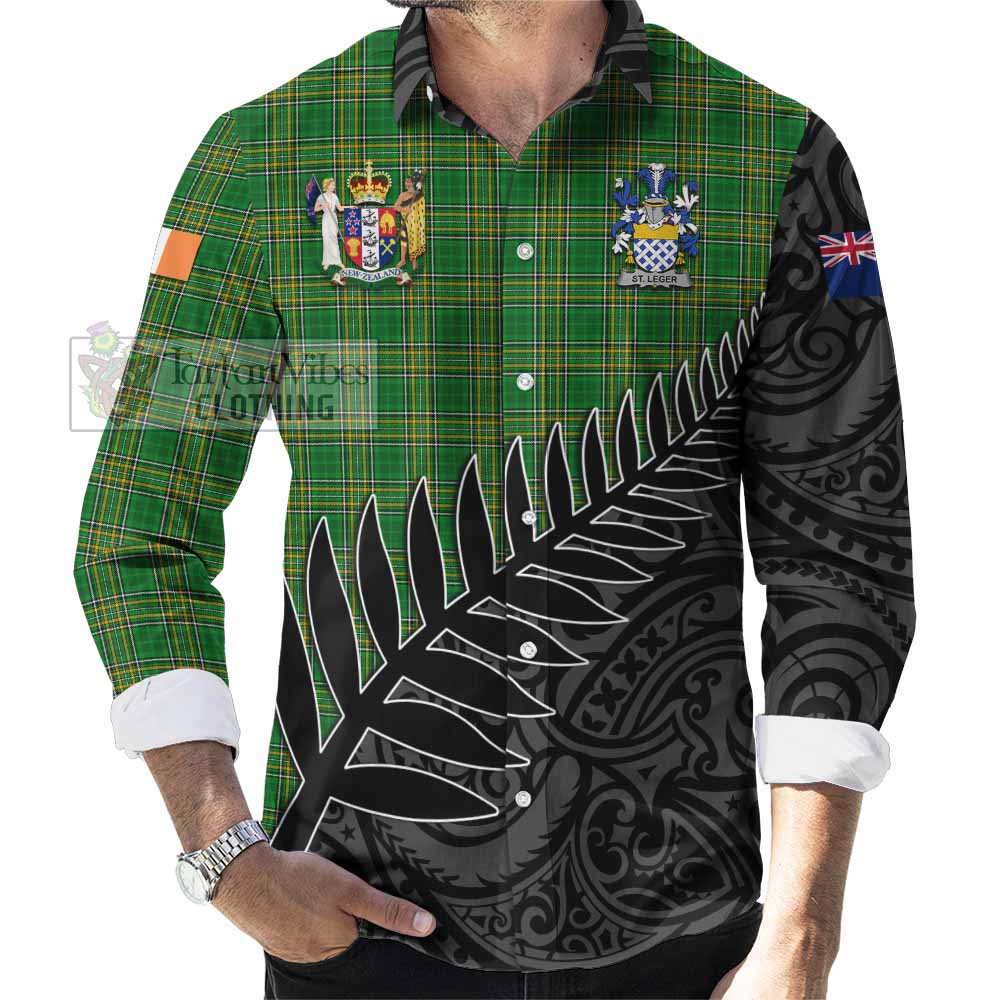 Tartan Vibes Clothing St.Leger Irish Clan Tartan Long Sleeve Button Shirt with Coat of Arms New Zealand Silver Fern Half Style