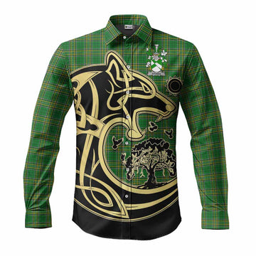 Stokes Irish Tartan Long Sleeve Button Shirt with Coat of Arms Celtic Wolf Style