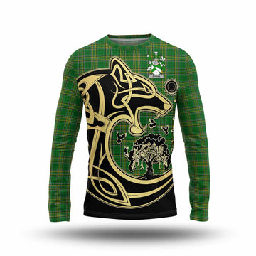 Stokes Irish Tartan Long Sleeve T-Shirt with Coat of Arms Celtic Wolf Style
