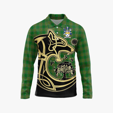 Stone Irish Tartan Long Sleeve Polo Shirt with Coat of Arms Celtic Wolf Style Unisex - Tartan Vibes Clothing