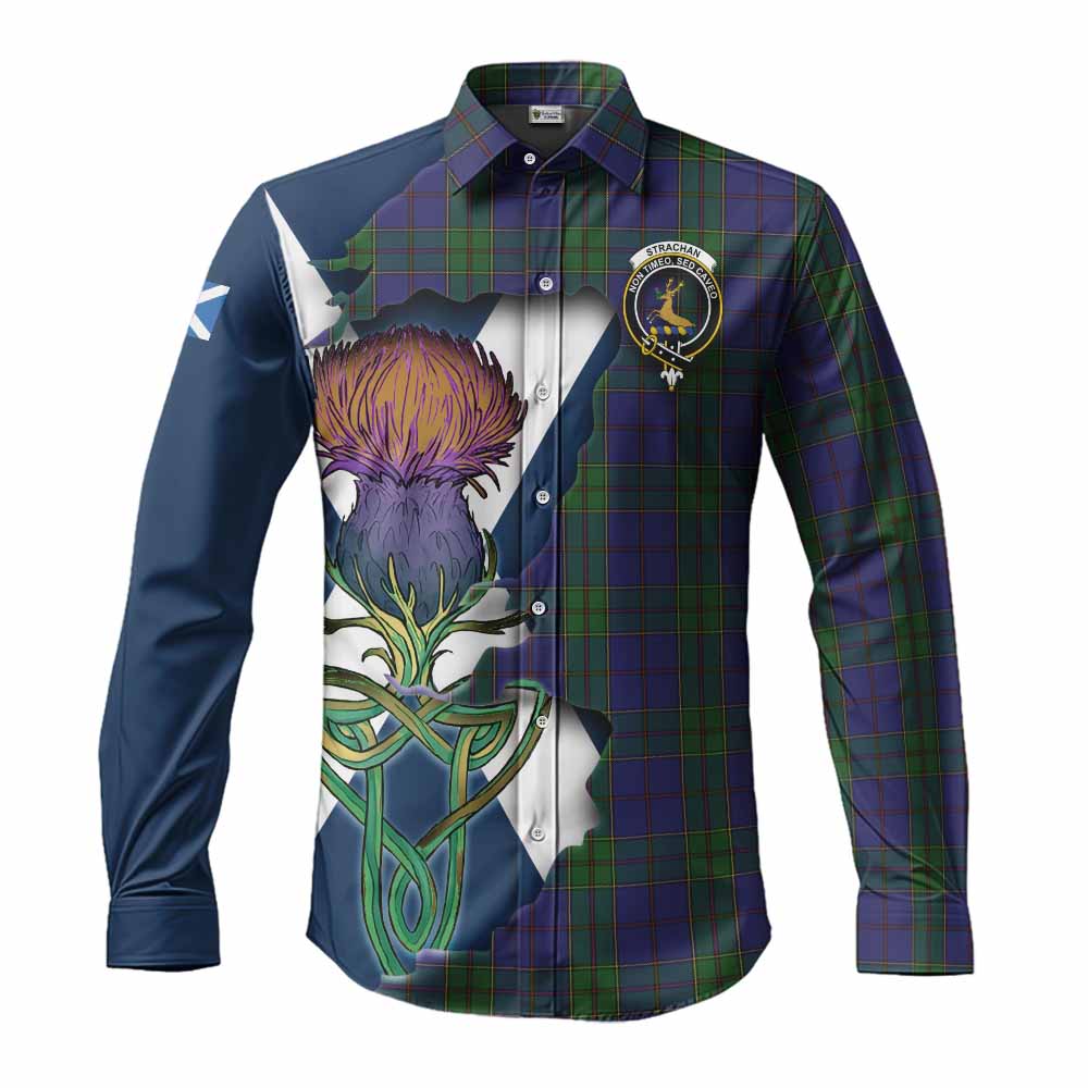 Tartan Vibes Clothing Strachan Tartan Family Crest Long Sleeve Button Shirt Scottish Thistle Celtic Inspired
