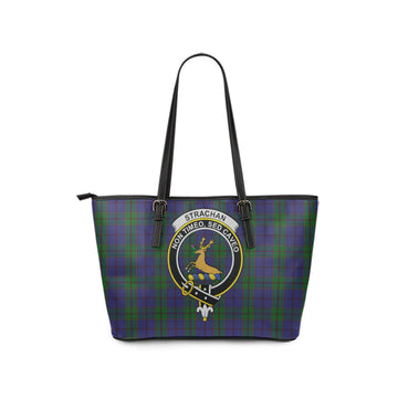 Strachan Tartan Leather Tote Bag with Family Crest