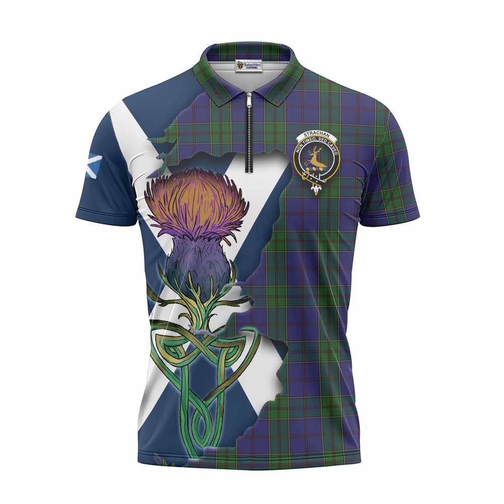 Tartan Vibes Clothing Strachan Tartan Family Crest Zipper Polo Shirt Scottish Thistle Celtic Inspired