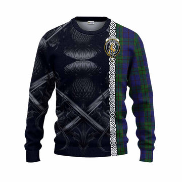 Tartan Vibes Clothing Strachan Tartan Knitted Sweater with Family Crest Cross Sword Thistle Celtic Vibes